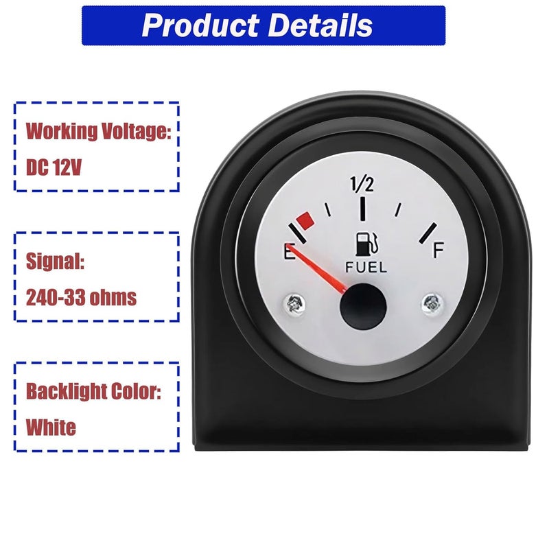 BLLYOGU 2" Fuel Level Gauge,12V Fuel Tank Meter E-1/2-F Pointer Meter 240-33ohm for Car RV Yacht Boat Motorcycle (White) - Image 2
